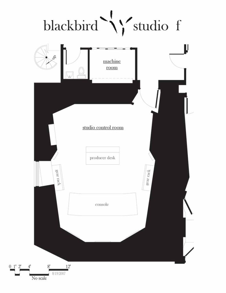 Floor plan of Blackbird Studio F showing studio control room with console and producer desk, machine room with bathroom, gear racks on sides.